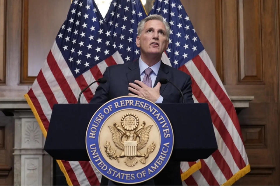 Rep. Kevin McCarthy, R-Calif., talks to the media Oct. 3 after the House voted him out as speaker of the House.