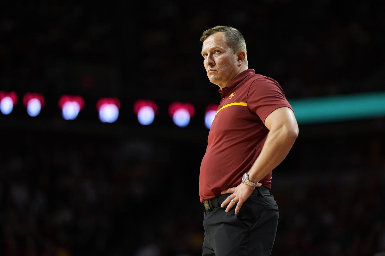 Iowa State head coach T.J. Otzelberger watches from the bench during the second half of an NCAA college basketball game against Kansas State, Wednesday, Jan. 24, 2024, in Ames, Iowa. (AP Photo/Charlie Neibergall)
