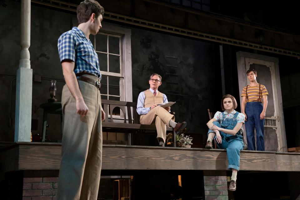 Left to right, Justin Mark as Jem Finch, Richard Thomas as Atticus Finch, Melanie Moore as Scout Finch, and Steven Lee Johnson as Dill Harris in the national tour of “To Kill a Mockingbird.”