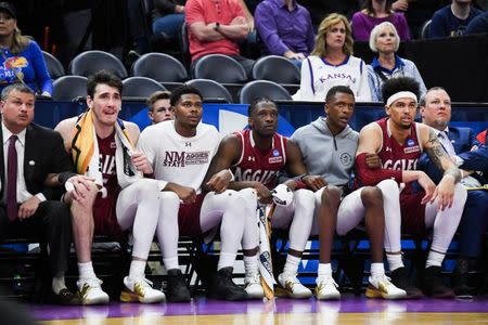 Mar 21, 2019; Salt Lake City, UT, USA; New Mexico State Aggies player react on the bench during the second half in the first round of the 2019 NCAA Tournament against the Auburn Tigers at Vivint Smart Home Arena. Mandatory Credit: Kirby Lee-USA TODAY Sports