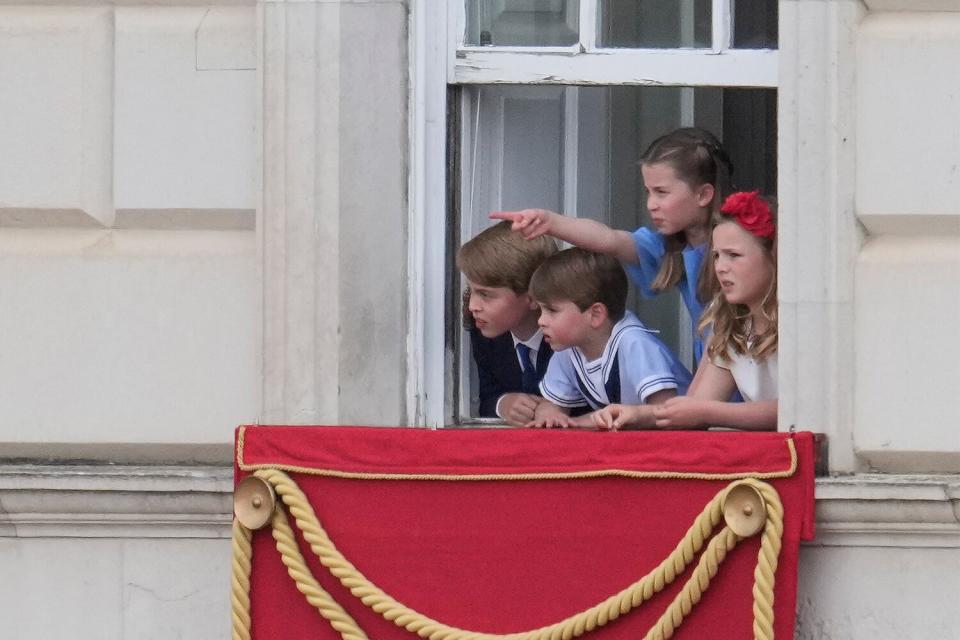 Prince George, Prince Louis and Princess Charlotte during Trooping The Colour on June 2, 2022 in London, England.Trooping The Colour, also known as The Queen's Birthday Parade, is a military ceremony performed by regiments of the British Army that has taken place since the mid-17th century. It marks the official birthday of the British Sovereign. This year, from June 2 to June 5, 2022, there is the added celebration of the Platinum Jubilee of Elizabeth II in the UK and Commonwealth to mark the 70th anniversary of her accession to the throne on 6 February 1952.