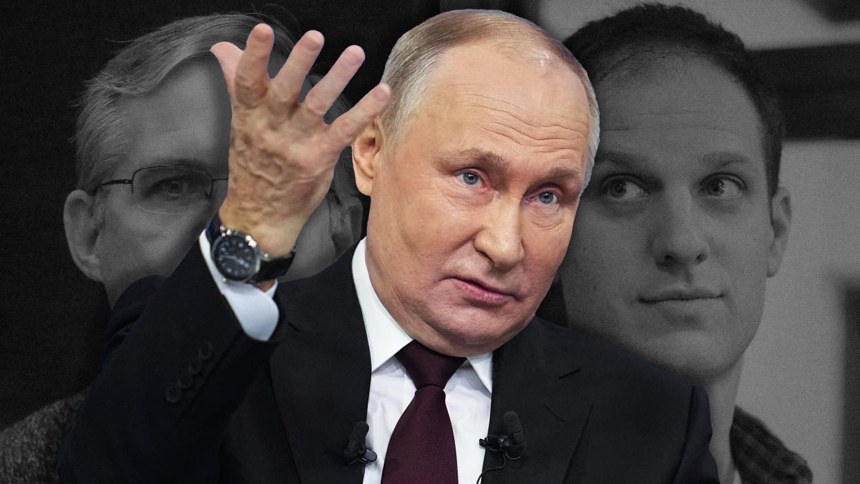 Photo collage of Vladimir Putin, Paul Whelan and Evan Gershkovich. 