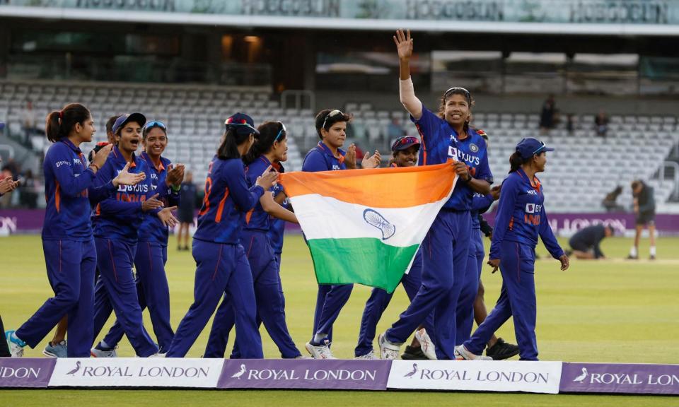 <span>Jhulan Goswami waves goodbye after her final match for India. </span><span>Photograph: Peter Cziborra/Action Images/Reuters</span>