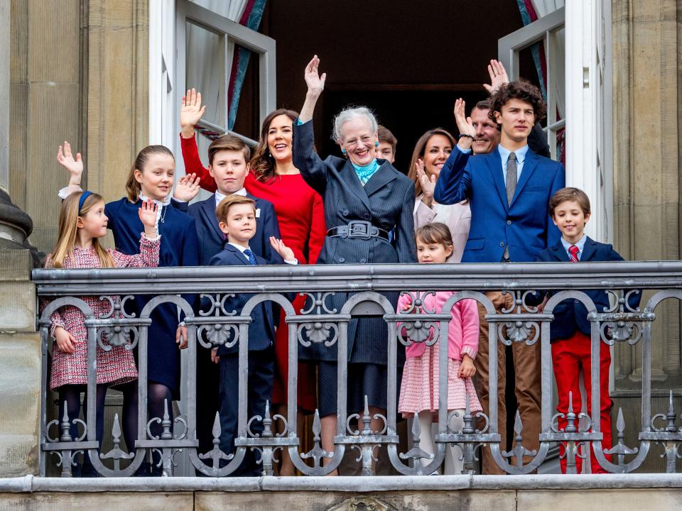 Queen Margrethe of Denmark, Crown Princess Mary of Denmark, Prince Christian of Denmark, Princess Isabella of Denmark, Prince Vincent of Denmark, Princess Josephine, Prince Joachim of Denmark, Princess Marie of Denmark, Prince Nikolai of Denmark, Prince Felix of Denmark, Prince Henrik of Denmark, and Princess Athena of Denmark in 2018.