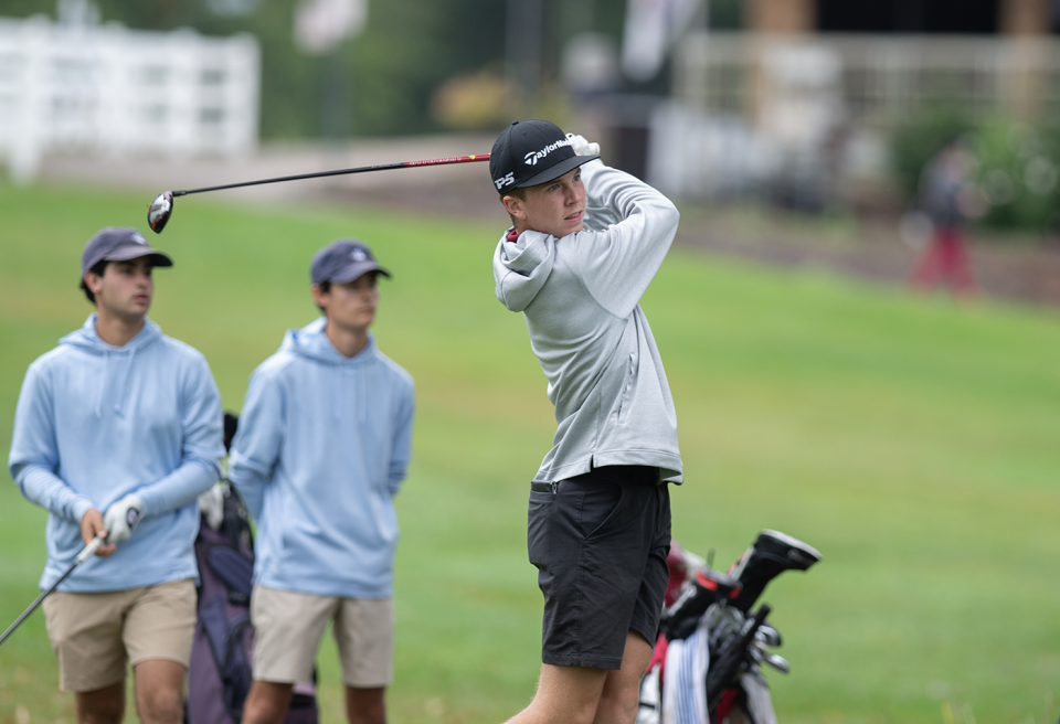 Stow's Austin Wilhoit tees off on No. 1 at the Suburban League boys golf championship at Goodpark Golf Club in Akron on Thursday, Sept. 26.