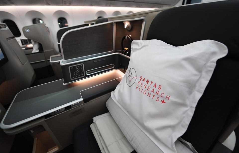 A cushion sits on a seat onboard QF7879 on October 18, 2019 in New York. 