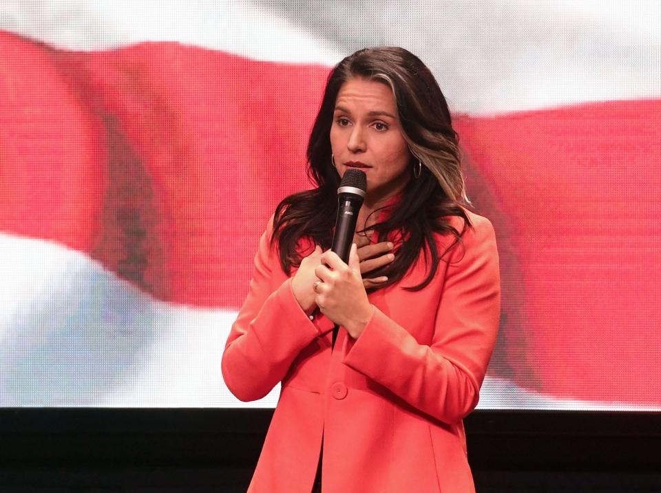 Tulsi Gabbard speaks at a rally in support of Governor Kristi Noem on Wednesday, November 2, 2022, at the South Dakota Military Heritage Alliance in Sioux Falls.