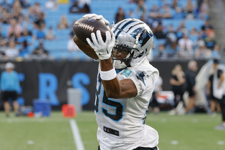 Carolina Panthers wide receiver Charleston Rambo makes a catch during the NFL football team's Fan Fest in Charlotte, N.C., Thursday, Aug. 11, 2022. (AP Photo/Nell Redmond)