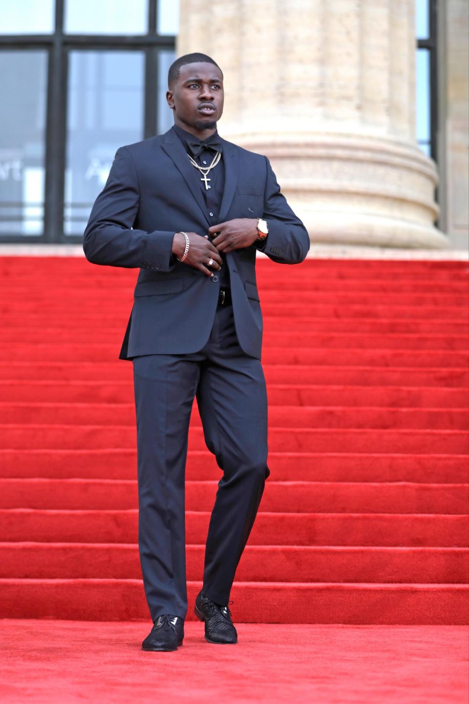 <p>Colorado’s Chidobe Awuzie arrives for the first round of the 2017 NFL football draft, Thursday, April 27, 2017, in Philadelphia. (AP Photo/Julio Cortez) </p>