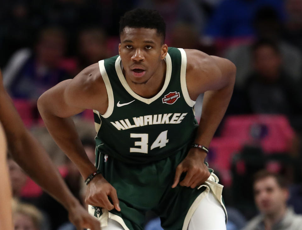 DALLAS, TEXAS - OCTOBER 11:  Giannis Antetokounmpo #34 of the Milwaukee Bucks during a preseason game at American Airlines Center on October 11, 2019 in Dallas, Texas. (Photo by Ronald Martinez/Getty Images)