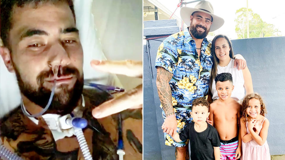 Seen left, Andrew Fifita in hospital and with his wife and kids on the right.