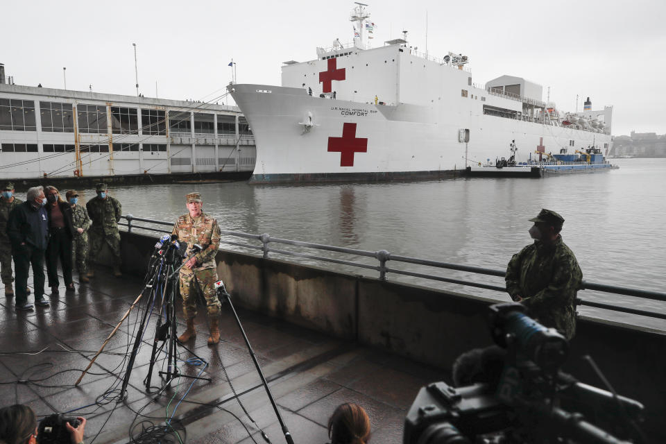 United States Air Force General Terrence O’Shaughnessy, commander of the United States Northern Command, speaks to reporters before the departure of the USNS Naval Hospital Ship Comfort, Thursday, April 30, 2020, in the Manhattan borough of New York. (AP Photo/John Minchillo)