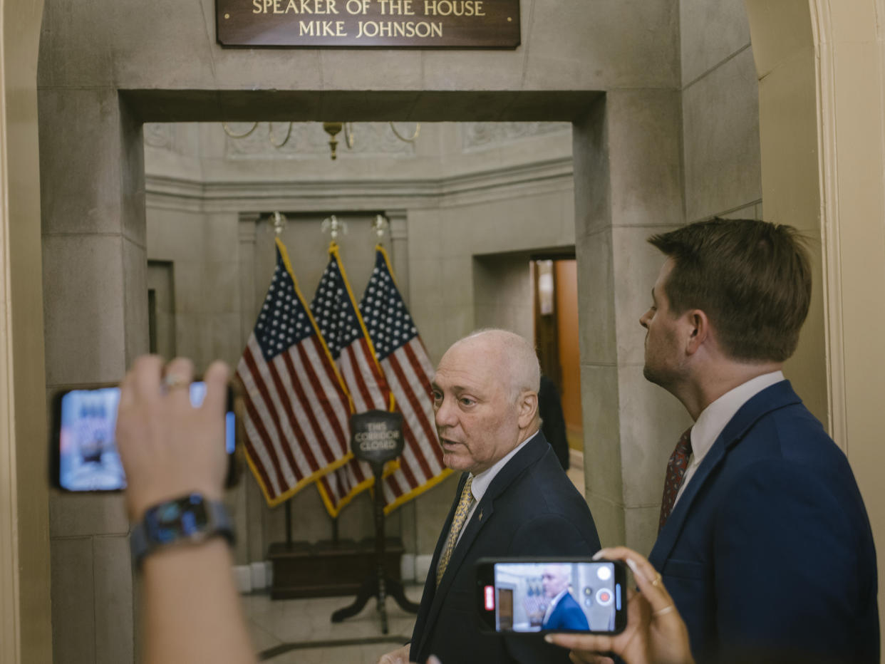 House Majority Leader Steve Scalise (R-La.) speaks to reporters as he walks to the office of House Speaker Mike Johnson (R-La.) after the House vote to extend an expiring warrantless surveillance law at the Capitol in Washington, on Friday, April 12, 2024. (Jason Andrew/The New York Times)