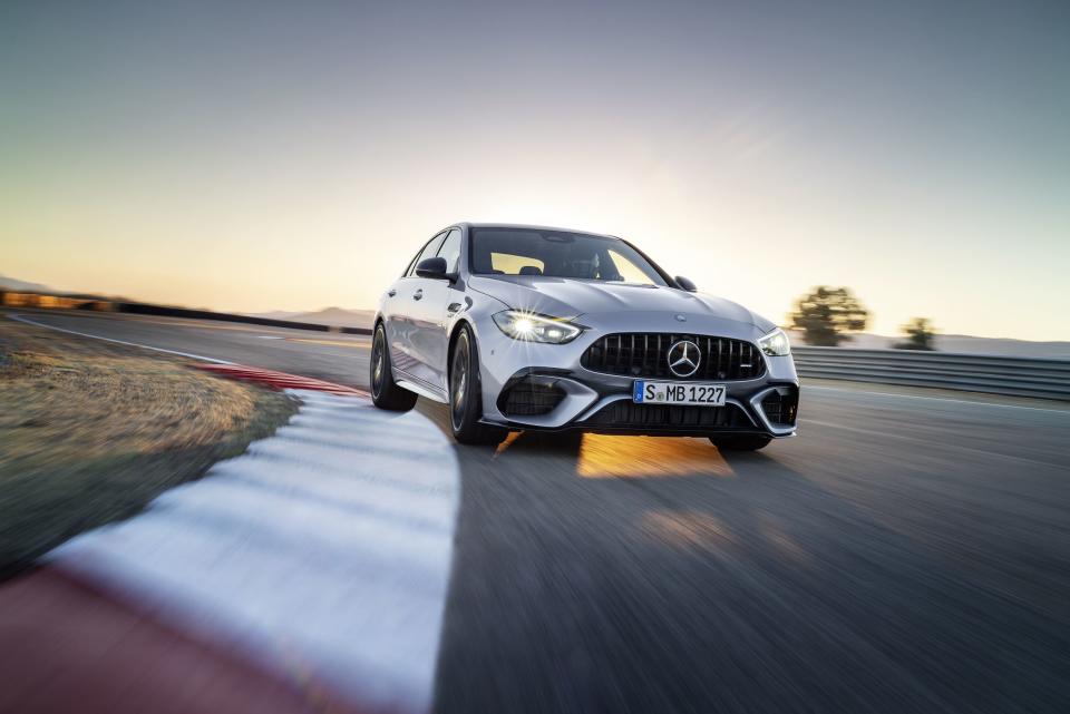 <p>The Mercedes-AMG C 63 is finally back, and now, it's a hybrid. There's a two-speed electric motor at the rear axle to promote stunning acceleration and grip, as well as standard AWD and four-wheel steering. Gone is the V-8, replaced by a 2.0-liter four-cylinder making an astonishing 476 hp on its own. Total output is an eye-watering 680 hp. </p><p><a class="link " href="https://www.roadandtrack.com/news/a41210820/2024-mercedes-c-63-s-e-performance/" rel="nofollow noopener" target="_blank" data-ylk="slk:Read the full story right here;elm:context_link;itc:0;sec:content-canvas">Read the full story right here</a></p>