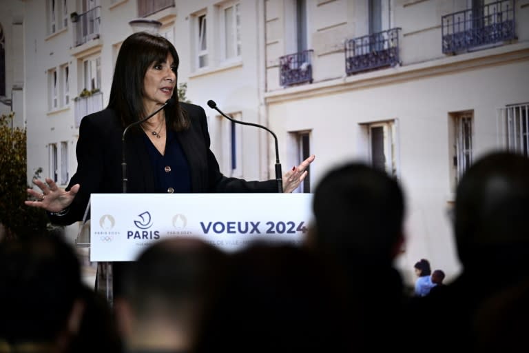 La maire de Paris Anne Hidalgo lors de ses voeux à l'Hôtel de ville de Paris le 10 janvier 2024 (JULIEN DE ROSA)