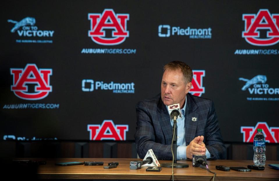 Auburn head coach Hugh Freeze is interviewed at the Woltosz Football Performance Center in Auburn, Ala., on Thursday, Feb. 1, 2023.