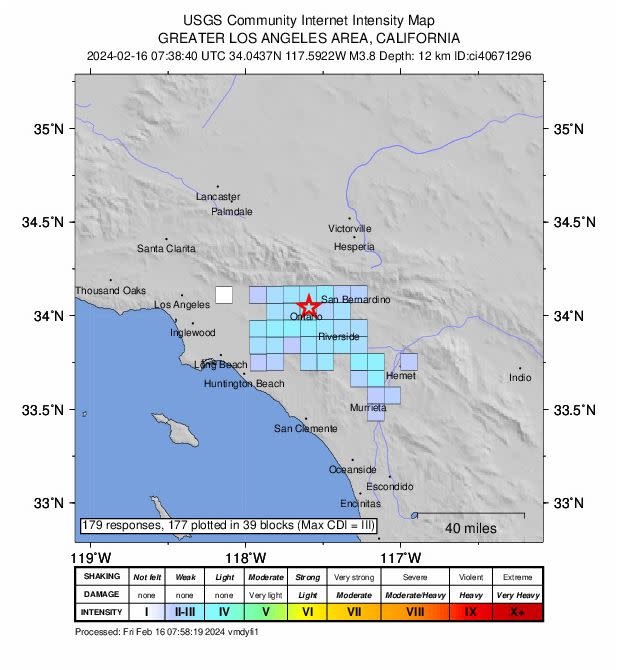 A 3.8 magnitude earthquake struck the city of Ontario in San Bernardino County on Feb. 15, 2024. (USGS)