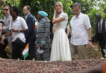 White House Advisor Ivanka Trump and U.S. Agency for International Development (USAID) Administrator Mark Green visit women entrepreneurs, at the demonstration cocoa farm in Adzope, Ivory Coast April 17, 2019. REUTERS/Luc Gnago