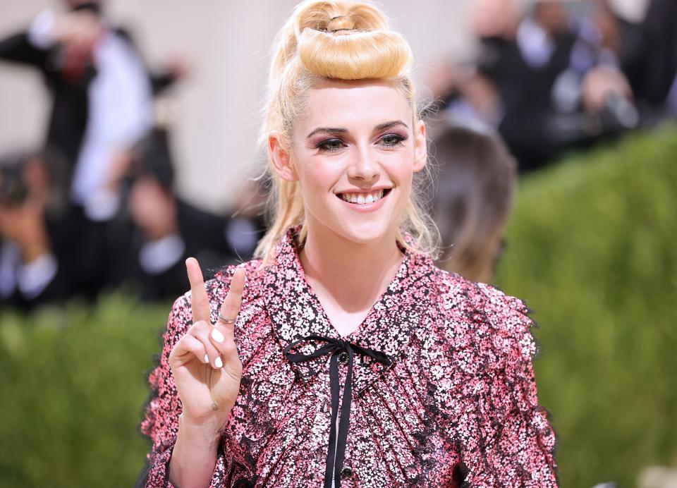 Kristen Stewart walking the red carpet at the Met Gala in New York on Monday.