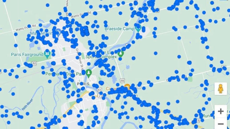 Blue dots represent wells in a segment of Paris in a screen grab from a Well Record Data Report from the Ministry of the Environment, Conservation and Parks.