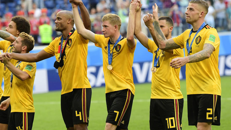 SAINT PETERSBURG, RUSSIA – JULY 14: Vincent Kompany, Kevin De Bruyne, Eden Hazard and Toby Alderweireld pictured during the FIFA 2018 World Cup Russia Play-off for third place match between Belgium and England at the Saint Petersburg Stadium on July 14, 2018 in Saint Petersburg, Russia, 14/07/2018 ( Photo by Peter De Voecht / Photonews via Getty Images)