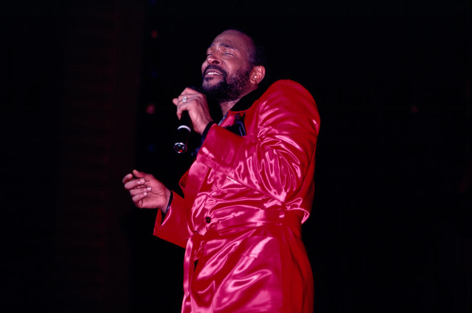 Marvin Gaye performs onstage during the "Sexual Healing" tour in New York in May 1983