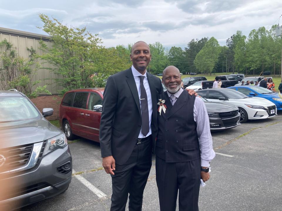 Memphis basketball coach Penny Hardaway poses for a photo with James Rosser Sr., pastor at Lagoshen Missionary Baptist Church in Rossville. Hardaway hired Rosser's son, Jamie, as assistant coach and director of player development in August.