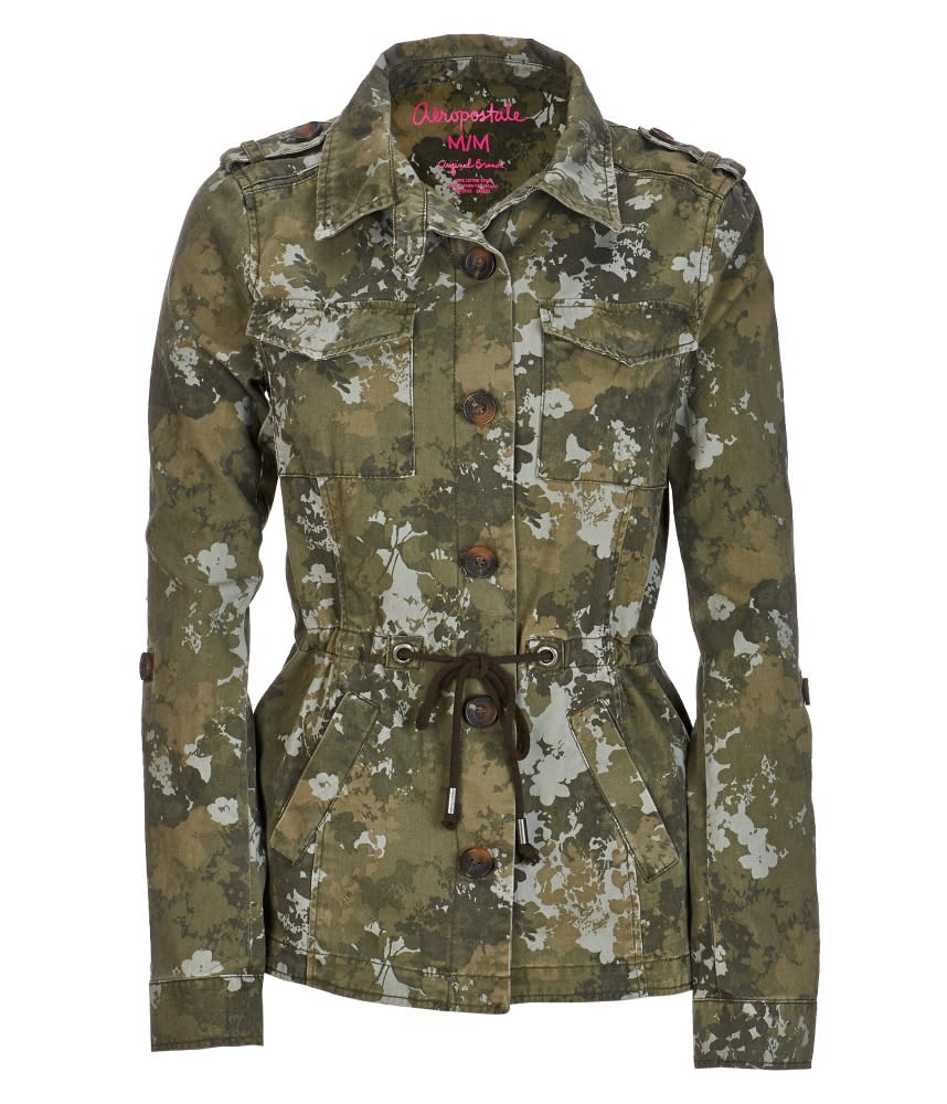 This product image released by Aeropostale shows a camouflage jacket. The print that at one time was only a tool for military troops to go unnoticed has become a front-and-center look in fashion. It’s been adapted in luxe fur, sequin sweaters, athletic wear and casual kicks. (AP Photo/Aeropostale)