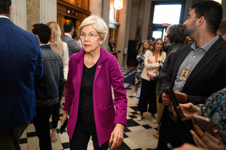 US Senator Elizabeth Warren, Democrat of Massachusetts, walks to the Senate Chamber for a procedural a vote on a foreign aid package at the US Capitol in Washington, DC, on April 23, 2024. The US Senate is due to vote on the final foreign aid package of $95 billion in total military assistance to US allies, including money for Israel and Taiwan alongside the $61 billion earmarked for Ukraine -- is expected to land on President Joe Biden's desk for his approval by the end of the week. (Photo by Mandel NGAN / AFP) (Photo by MANDEL NGAN/AFP via Getty Images)