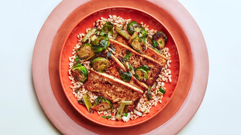 Marinated Tofu With Brussels Sprouts and Farro