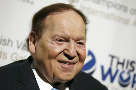 FILE PHOTO: Las Vegas gaming tycoon Sheldon Adelson attends the second Annual Champions of Jewish Values International Awards Gala in New York, May 18, 2014. REUTERS/Mike Segar/File Photo