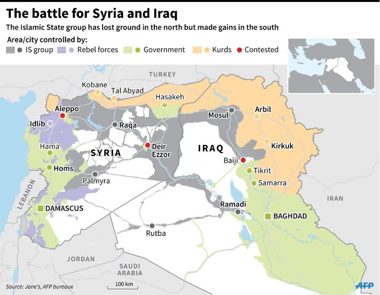 Map of Iraq and Syria, showing territory controlled by the Islamic State group and that in the hands of other forces