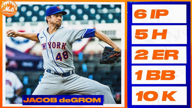 狄格隆（Jacob deGrom）6局飆10K拿下本季首勝。（圖／翻攝自大都會推特）