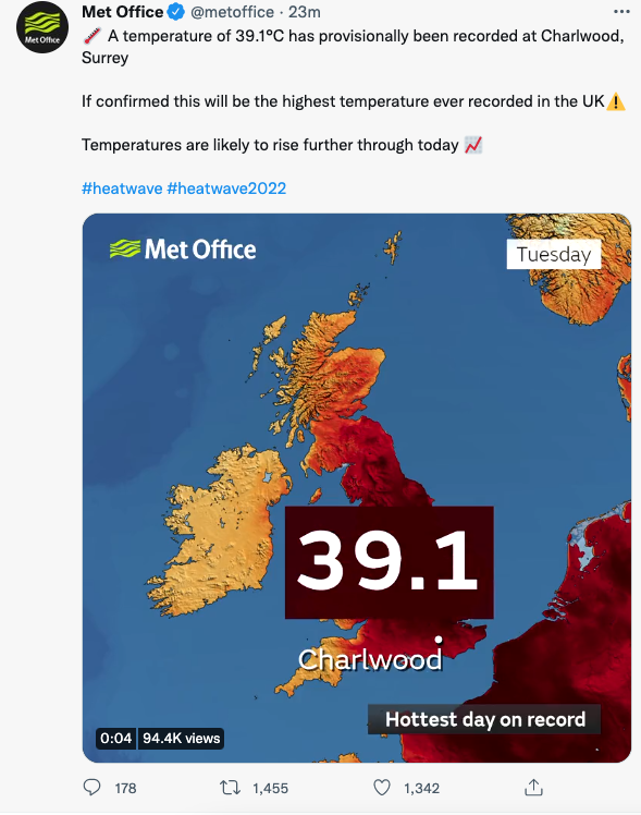 The Met Office recorded temperatures of 39.1C in Surrey. (Met Office)