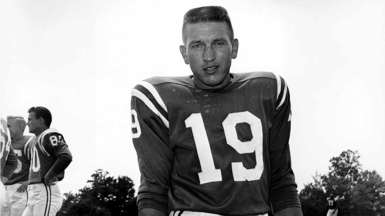 Mandatory Credit: Photo by AP/Shutterstock (6635154a)JOHNNY UNITAS Quarterback Johnny Unitas of the Baltimore Colts poses in Westminster, MD on July, 19, 1961JOHNNY UNITAS, WESTMINSTER, USA.