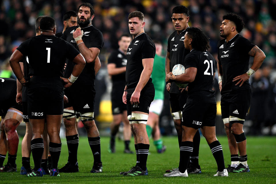 The All Blacks look on during the International Test match against Ireland at Sky Stadium.