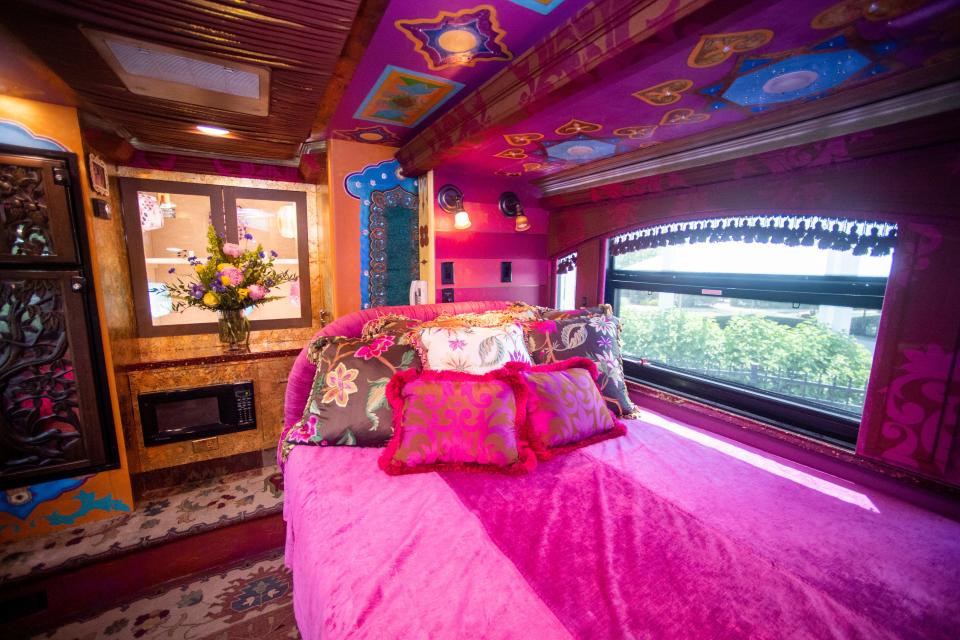 The bedroom inside the 2008 Prevost motor coach once used as Dolly Parton's tour bus that is now the Suite 1986 Tour Bus Experience at Dollywood's DreamMore Resort in Pigeon Forge.