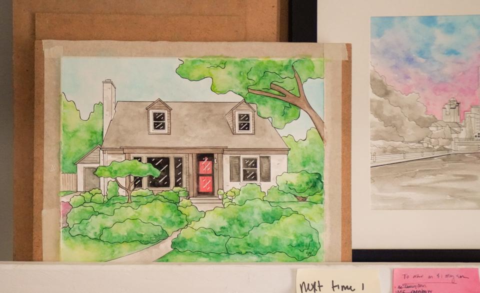 A painting is displaid in the studio of artist Skye Lee Smith, on Thursday, July 28, 2022, at her Indianapolis home. Smith, who paints Indiana landmarks, also takes commissions to paint private homes.