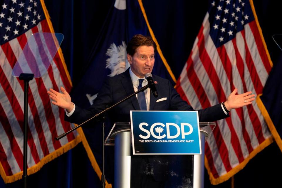 U.S. Rep. Dean Phillips, D-MN speaks during an appearance at the South Carolina Democratic Party’s First-in-the-Nation Celebration Dinner on Saturday, Jan. 27, 2024.