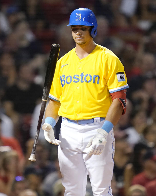 Bobby Dalbec of the Boston Red Sox warms up as he wears the Nike