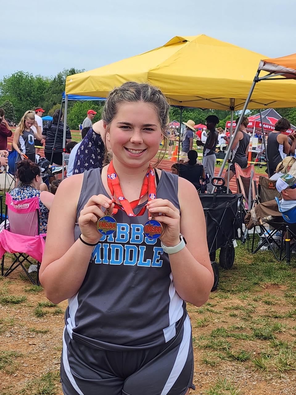 Zoe Addison Smith finished the sectional track meet with a first-place finish in discus and a third-place finish in shot put for the Gibbs Middle School track team.