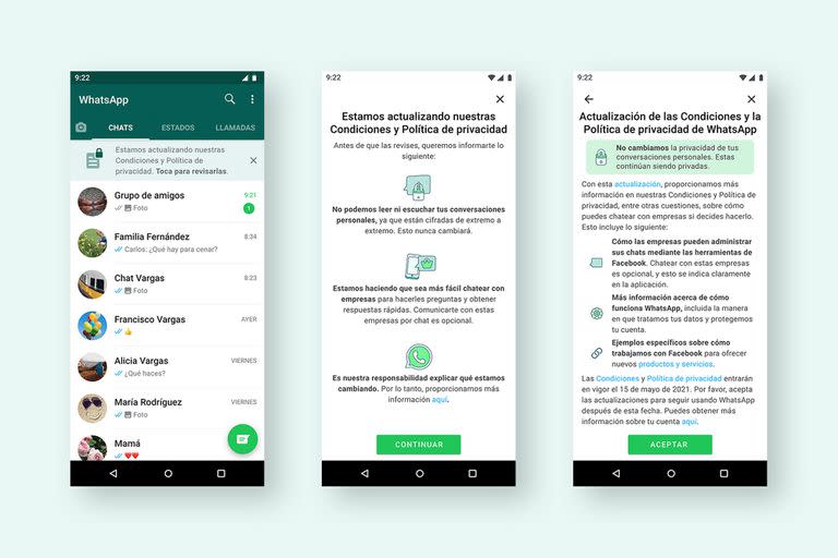 Algunas de las pantallas que mostrará WhatsApp durante la próxima semana para que los usuarios acepten las nuevas condiciones de uso del servicio de mensajería móvil
