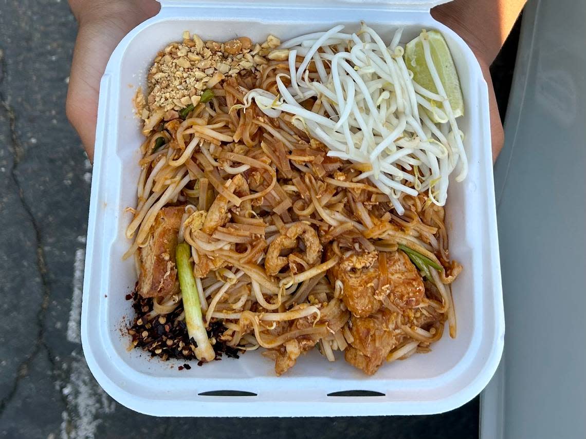 Service journalism reporter Brianna Taylor visits South Area Market at 5220 Fruitridge Road, Sacramento, on Wednesday, Sept. 13, 2023, with $25. She spent roughly half of her budget on pad Thai.