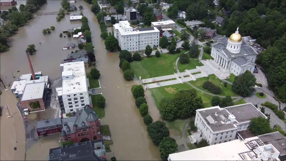 Drone footage shows flooding in Montpelier, Vermont on Tuesday, July 11, 2023, around the state capital building (Vermont Agency of Agriculture, Food and Markets via AP)