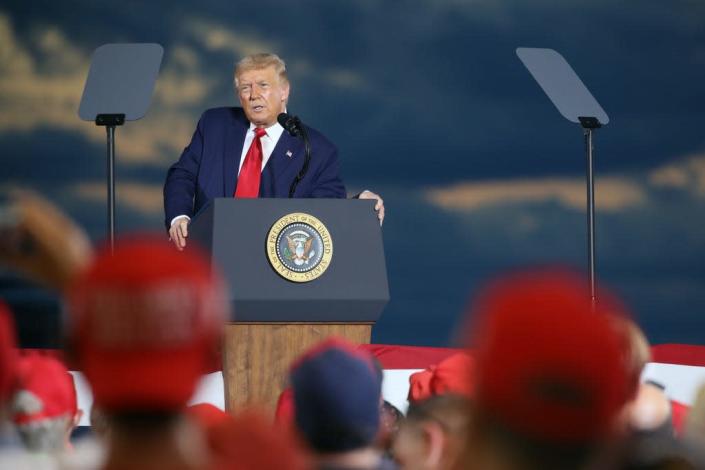 President Donald Trump speaks on an airport hanger at a rally a day after formally accepting his party's nomination at the Republican National Convention on August 28, 2020 in Londonderry, New Hampshire.