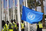 FILE - The United Nations flag is adjusted ahead of the COP28 U.N. Climate Summit, Wednesday, Nov. 29, 2023, in Dubai, United Arab Emirates. (AP Photo/Rafiq Maqbool, File)