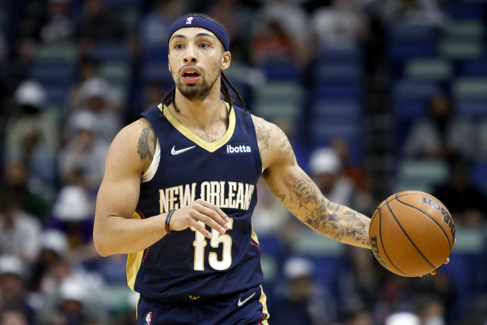 NEW ORLEANS, LOUISIANA - MARCH 02: Jose Alvarado #15 of the New Orleans Pelicans dribbles the ball down court during the first quarter of an NBA game against the Sacramento Kings at Smoothie King Center on March 02, 2022 in New Orleans, Louisiana.  NOTE TO USER: User expressly acknowledges and agrees that, by downloading and or using this photograph, User is consenting to the terms and conditions of the Getty Images License Agreement.  (Photo by Sean Gardner/Getty Images)