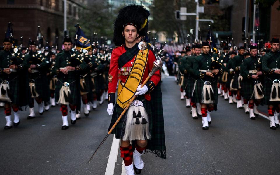 Band members participate in the annual Anzac Day march in Sydney