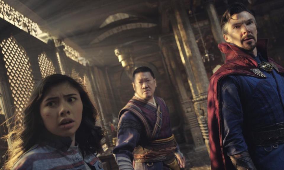 All for America … from left, Xochitl Gomez as America Chavez, Benedict Wong as Wong, and Benedict Cumberbatch as Dr Strange.