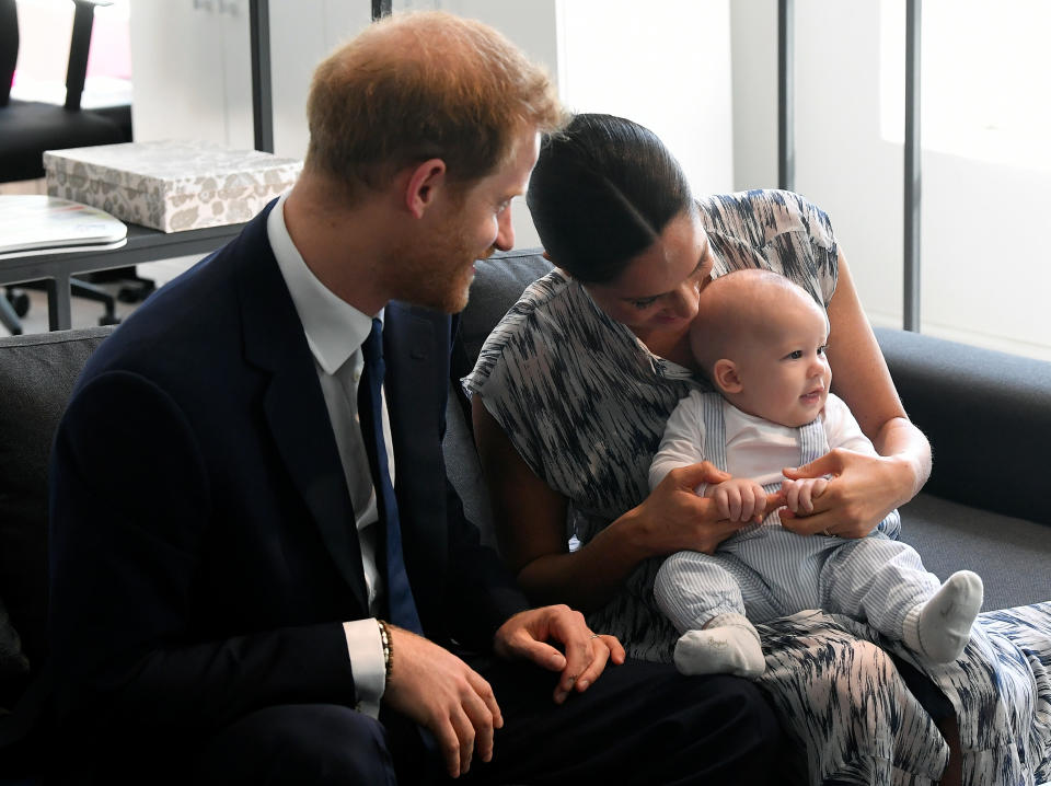 The Duke and Duchess of Sussex holding their son Archie meet with Archbishop Desmond Tutu and Mrs Tutu at their legacy foundation in cape Town, on day three of their tour of Africa.